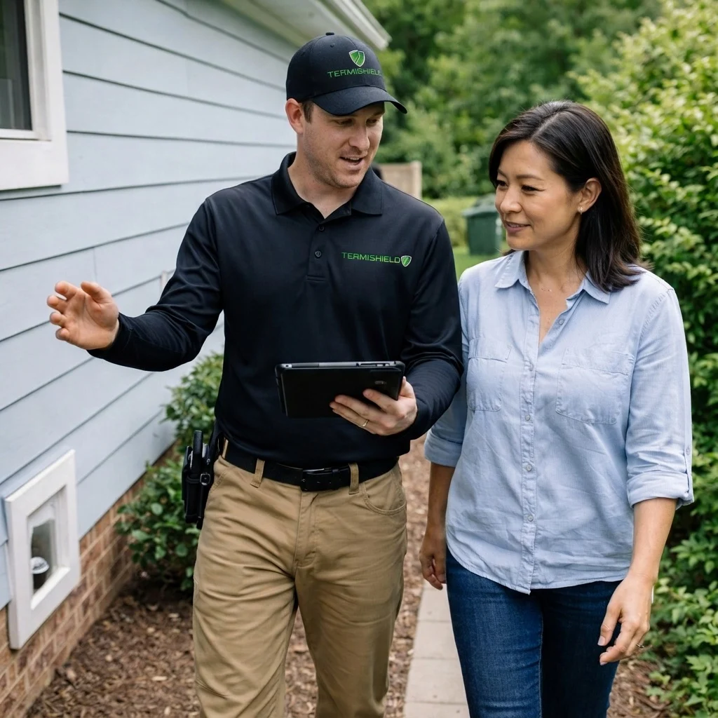 Termishield representative explaining pest inspection findings to a homeowner