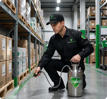 Termishield technician applying a targeted pest treatment beside warehouse shelving