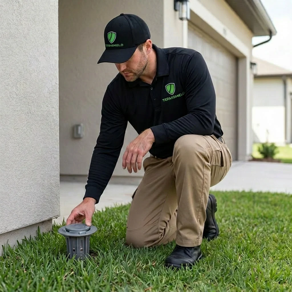 Termishield technician installing a termite bait station beside a home
