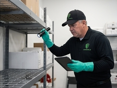 Experienced Termishield technician conducting a retail store stockroom inspection for pest issues
