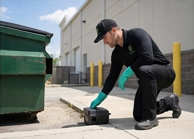 Experienced Termishield technician setting a secure rat control station near a dumpster area