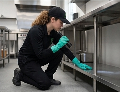 Female Termishield technician performing a hygiene inspection under kitchen food prep tables
