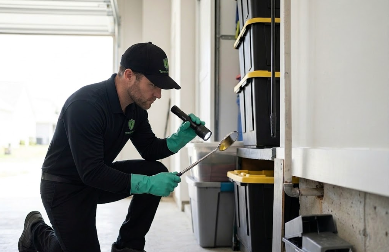 Pest control technician placing an attic rodent bait station during a residential mice inspection