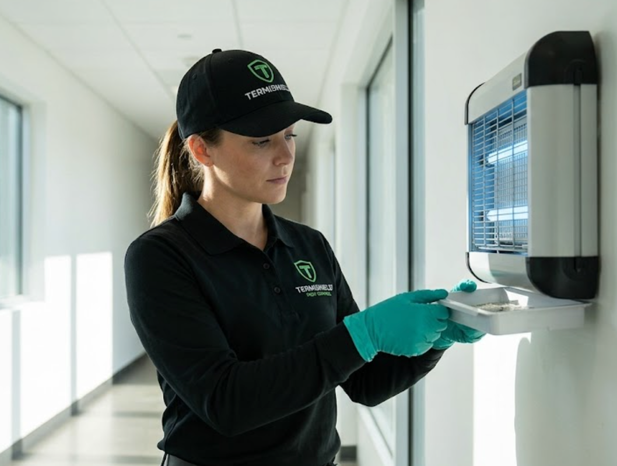 Service and maintenance of a wall-mounted electronic fly trap by a Termishield specialist