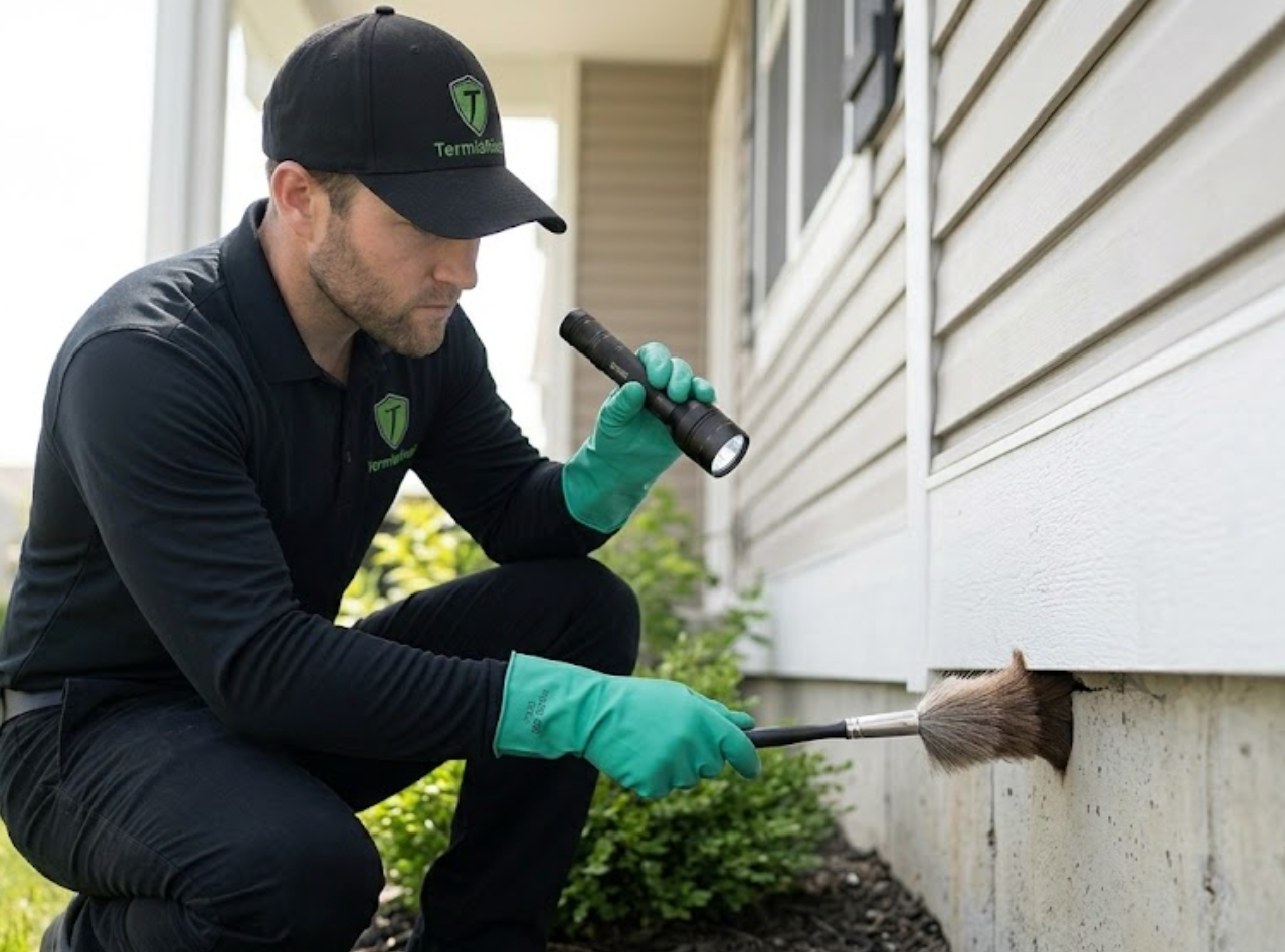 Termishield specialist performing an exterior perimeter inspection for cricket entry points