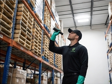 Termishield technician inspecting high warehouse pallet racks for birds and signs of pests in Indiana